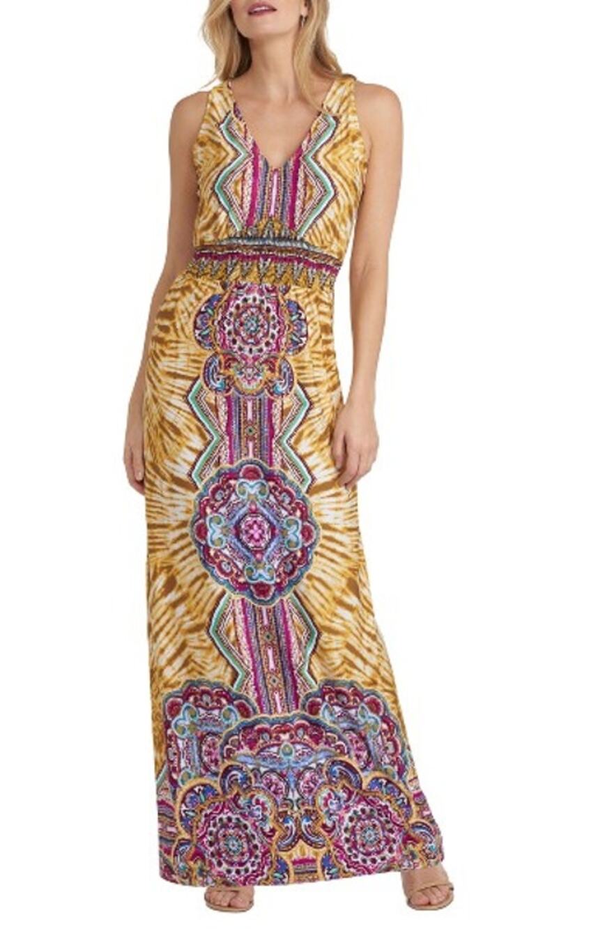 New York & Company Gold Purple Cruise Resort Sleeveless Maxi Dress Medium NWT